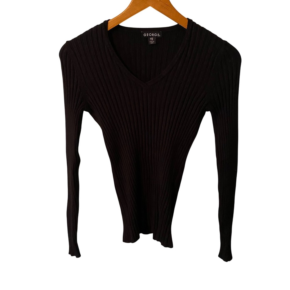 George Women's Black Ribbed V Neck Long Sleeve Fitted Sweater Top‎ Size XS